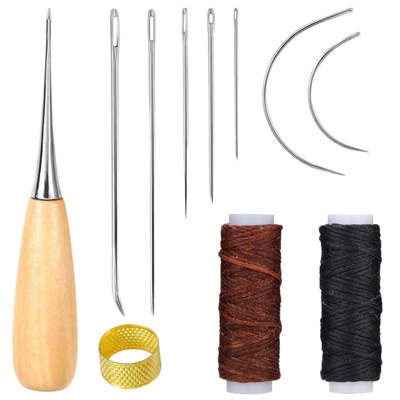 11 Pièces Aiguilles à Coudre Cuir Set, Aiguilles Couture Cuir avec Fil Ciré, Kit Reparation,Aiguille Courbé,pour Restauration du