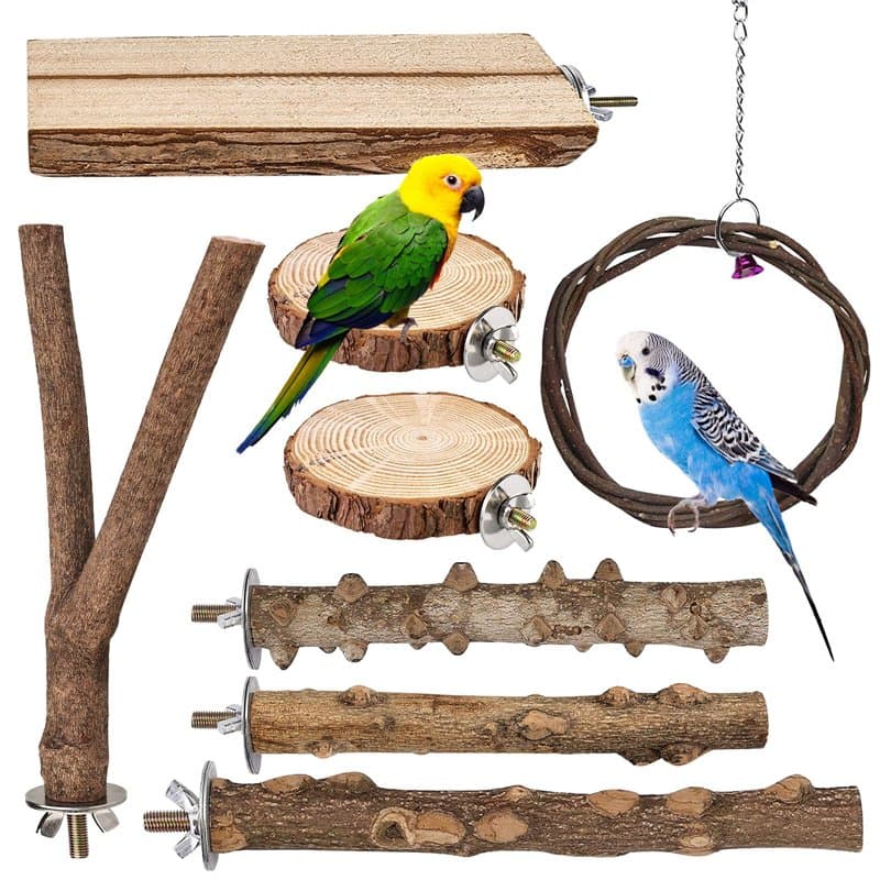 Perchoir Perroquet en Bois Naturel, 8 Pièces Perchoir Oiseaux Jouet Perroquet pour Accessoires de Cage à Oiseaux Perruche Canari