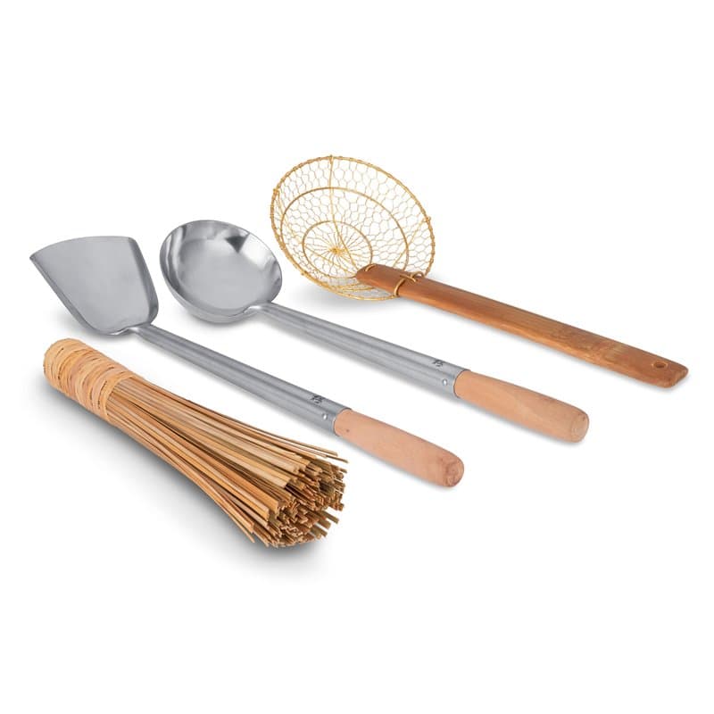Craft Wok Tools 732W9 Lot de 4 ustensiles de cuisine traditionnels asiatiques avec manche en bois Louche, spatule, passoire, bro