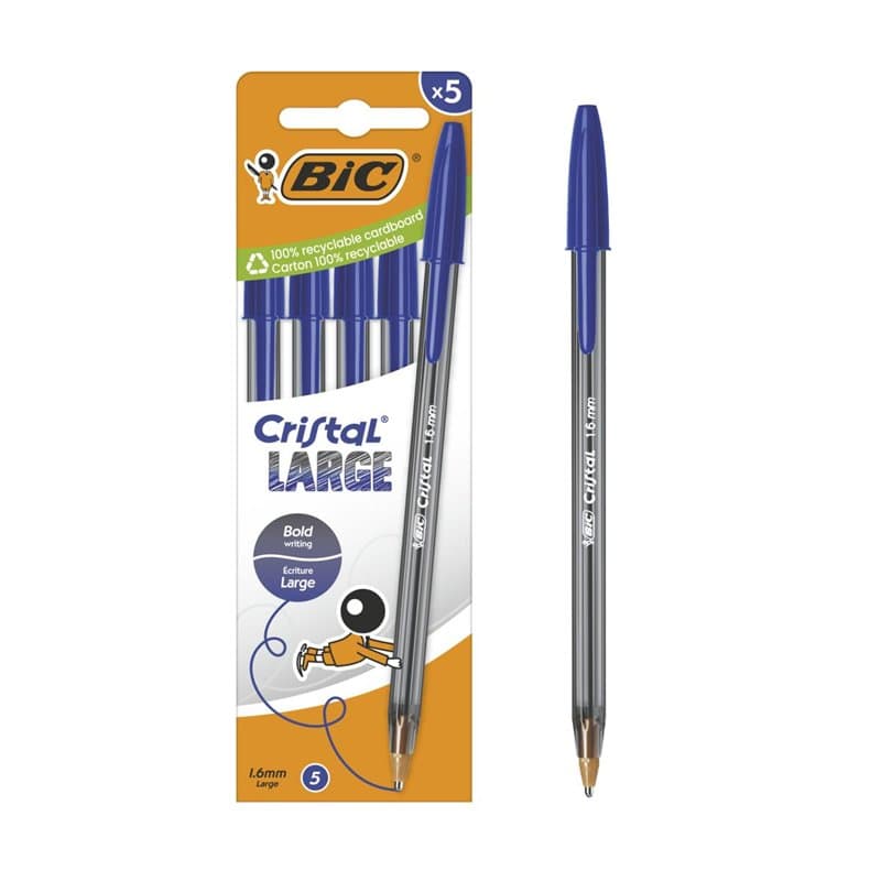BIC Cristal Large Stylos-bille Pointe Large (1,6 mm) pour une meilleure lisibilité - Encre bleue, pack de 5