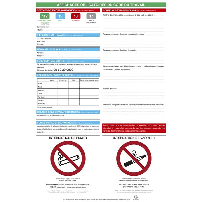 Exacompta - Réf. 67130E - 1 panneau d'affichages obligatoires du code du travail plastifié - Dimension du panneau : 40 x 60 cm