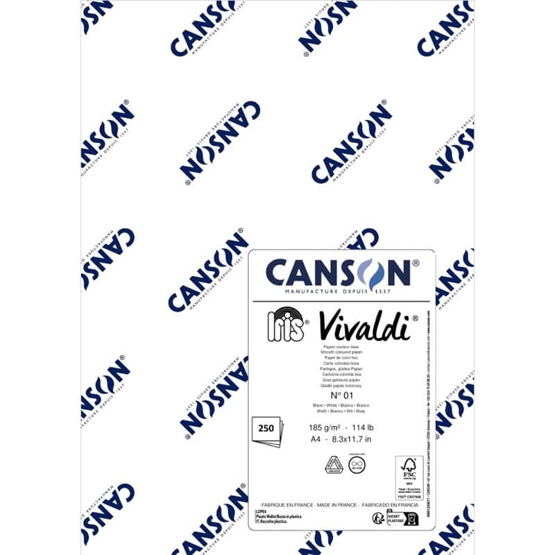 CANSON Iris Vivaldi Lot de 250 feuilles de papier à dessin couleur uni, 185 g/m², A4, 21 x 29,7 cm, blanc, 250 feuilles