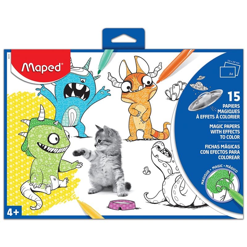 Maped - 15 Papiers Magiques à Effets à Colorier - Format A4 (21 x 29,7 cm) - Coloriage Photo - Pochette Carton réutilisable de 1