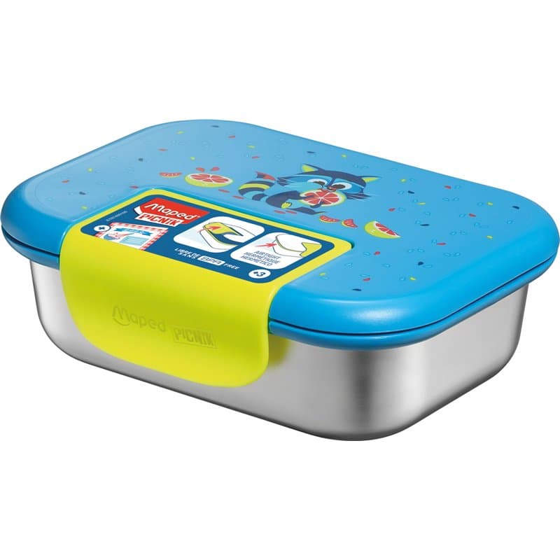MAPED Picnik - Boîte Repas Inox 900ml Raton Laveur - Ouverture Facile avec Clip Fluo - Hermétique et Durable - Base Inox - Netto