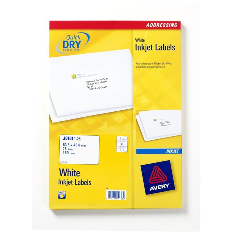AVERY ZWECKFORM Boîte de 450 étiquettes adresses jet d encre 63,5x46,6mm blanches J8161-25