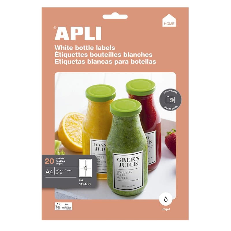 Apli 119486-80 Etiquettes adhésives blanches pour bouteilles - 80 x 120 mm - Impression : laser, copieur, jet d'encre Blanc