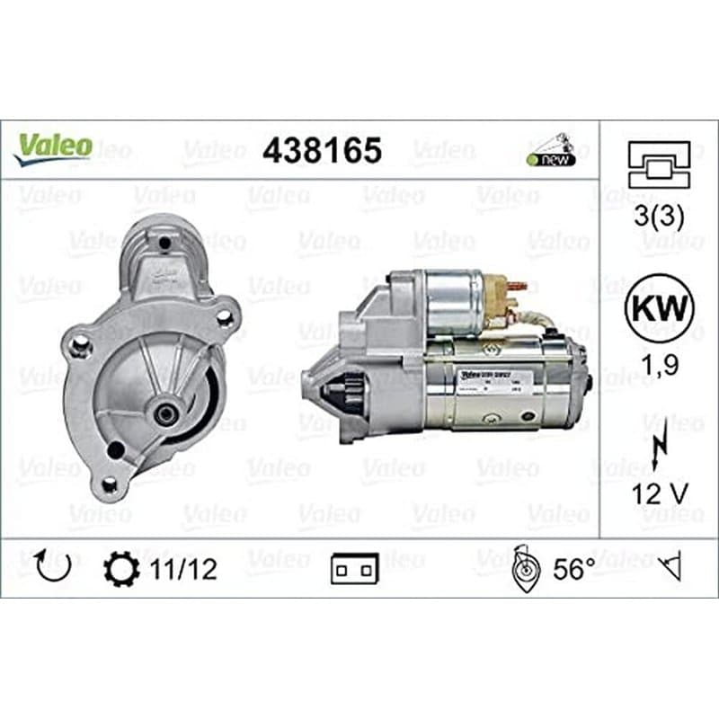 VALEO 438165 Démarreur Puissance nominale: 1,9 kW Stop & Start: NO Nombre de dents: 11/12 dents Tension: 12 V Sens de rotation: