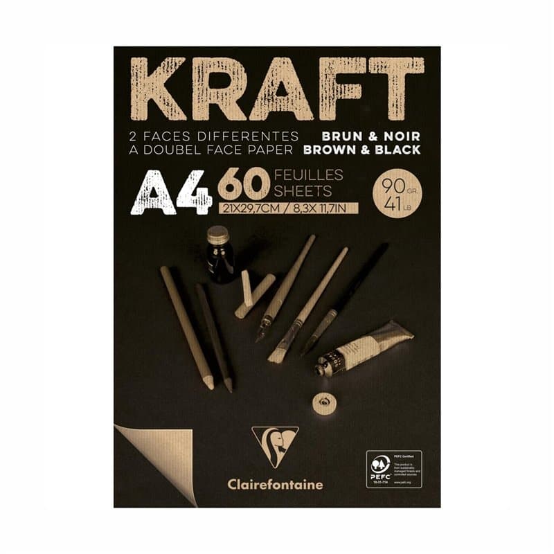 Clairefontaine 975818C Bloc Encollé Papier Kraft Bicolor - 60 Feuilles Papier Kraft Brun et Noir A4 21x29,7 cm 90g - Papier Doub