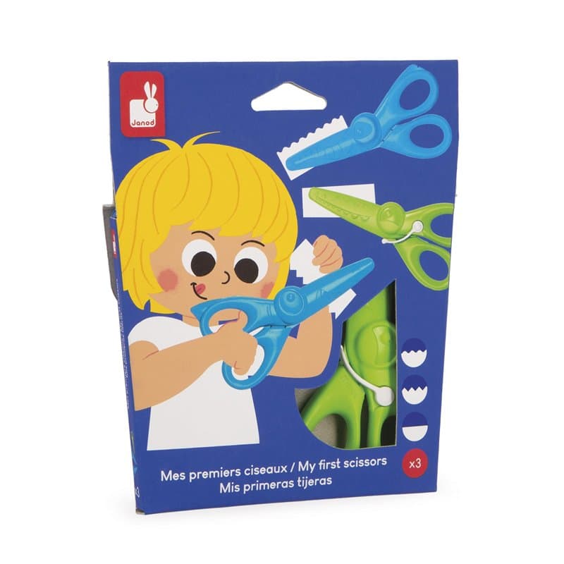 Janod - Set de 3 Paires de Ciseaux avec 3 Formes de Découpe - Bouts Ronds Sécurisés - Lames Plastique - Idéal activité Manuelle