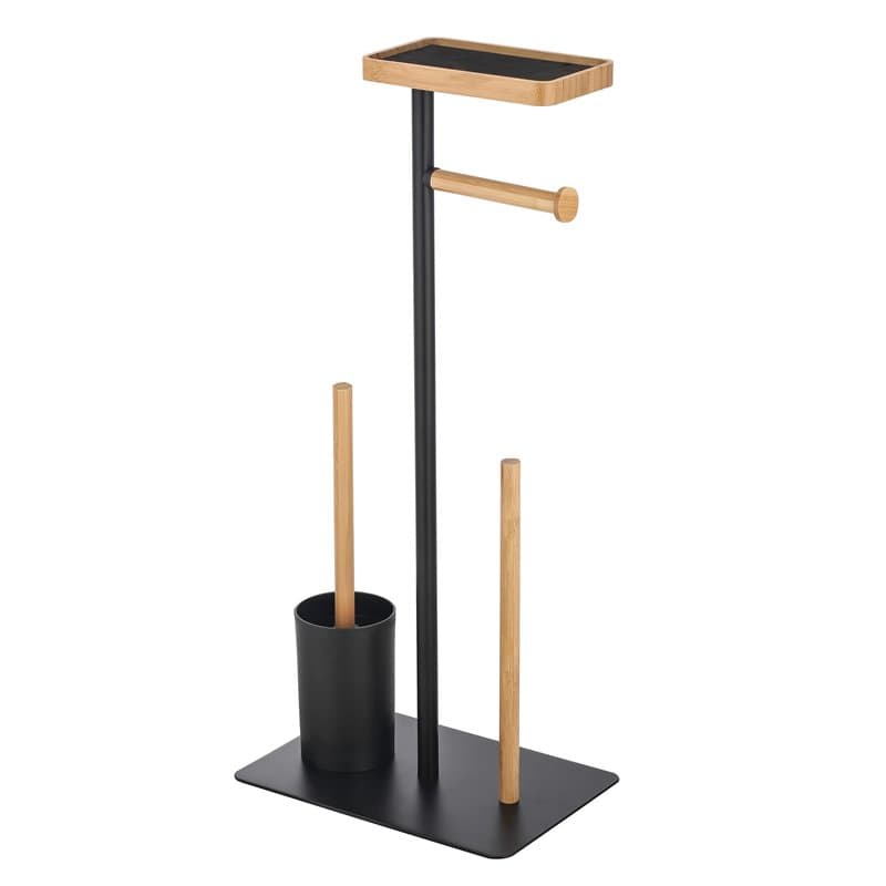 MSV - Combiné WC avec Support Smartphone TEIKI - Porte-Rouleau Papier WC Bambou & Acier + Brosse WC + Supporte 3 Rouleaux de Rec