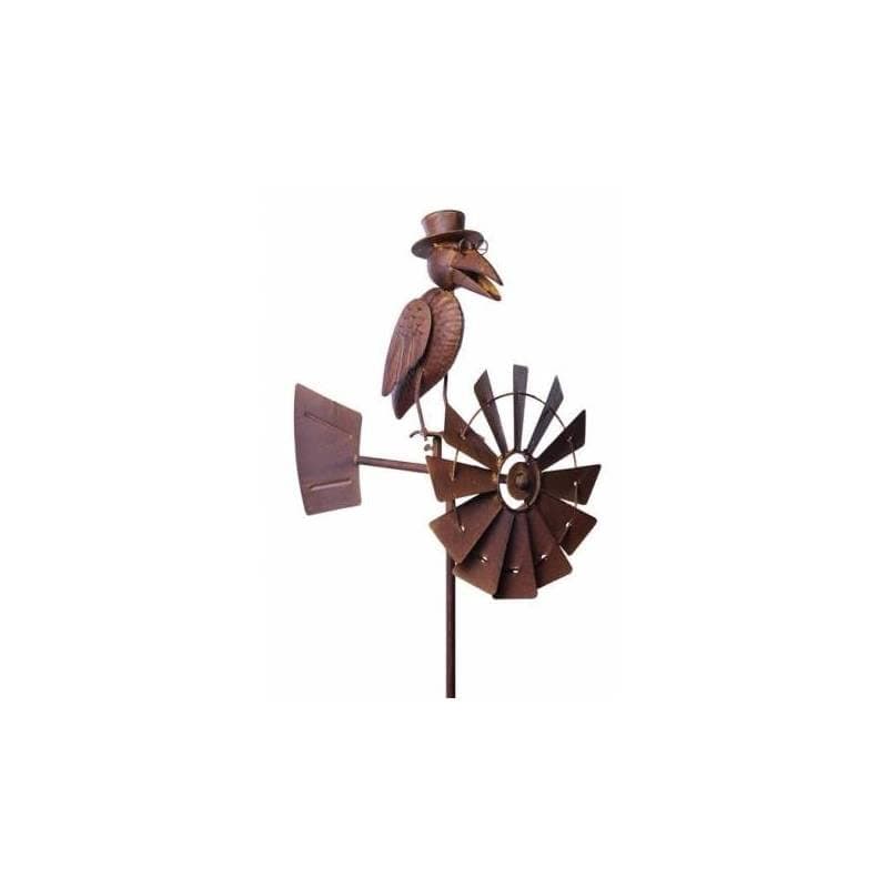 Girouette à Piquer avec Décor Corbeaux et Eolienne Tuteur Mobile à la Force du Vent Fer Marron 30x50x156cm