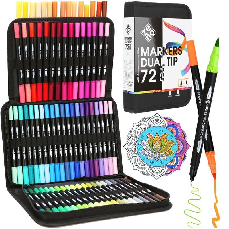 ZENO 72 Feutres Coloriage Adulte, Feutre Double Pointe, Pointe Fine & Pinceau, Sans Trace, Crayon Feutre Coloriage Adulte, Dessi