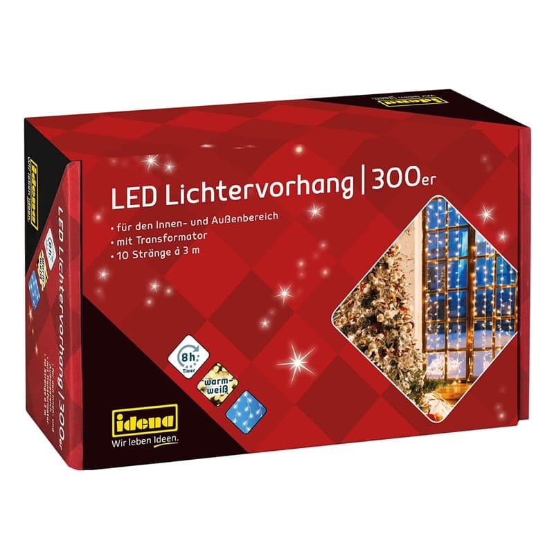 Idena 31856 - Rideau lumineux à 300 LED en blanc chaud, avec minuterie de 8 heures et transformateur, environ 3 x 3 m, pour l'in
