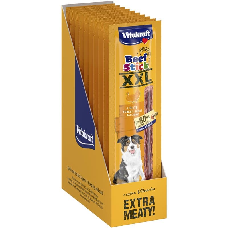 Vitakraft Beef Stick XXL, friandises pour chiens, sticks de viande de dinde, friandises d’entraînement, sans sucre ajouté (15x 3