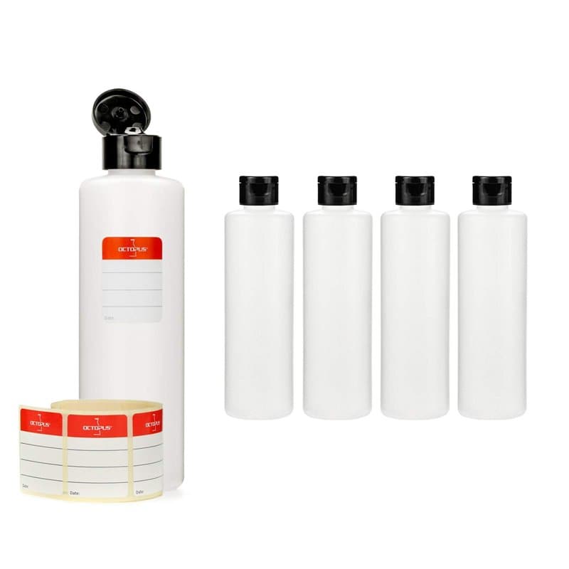 Octopus Bouteilles en plastique 5 x 250 ml, bouteilles en plastique PE-HD avec capsule service noire, bouteilles vides avec bouc
