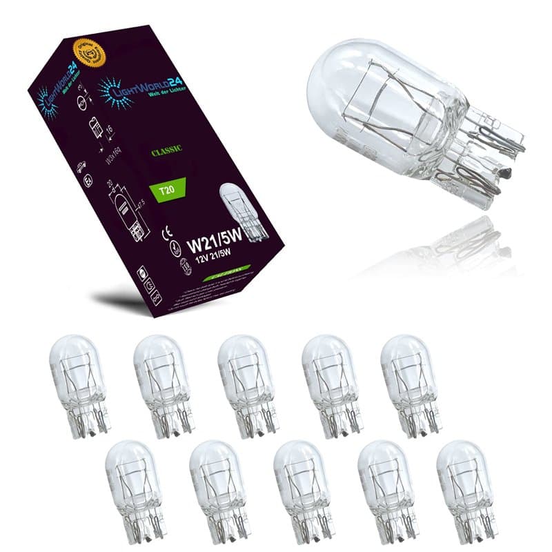LIGHTWORLD24 – Lot de 10 ampoules auto T20 W21/5W 12V W3x16q – Halogène à culot verre – Pour feux stop, feux de jour, feux arriè