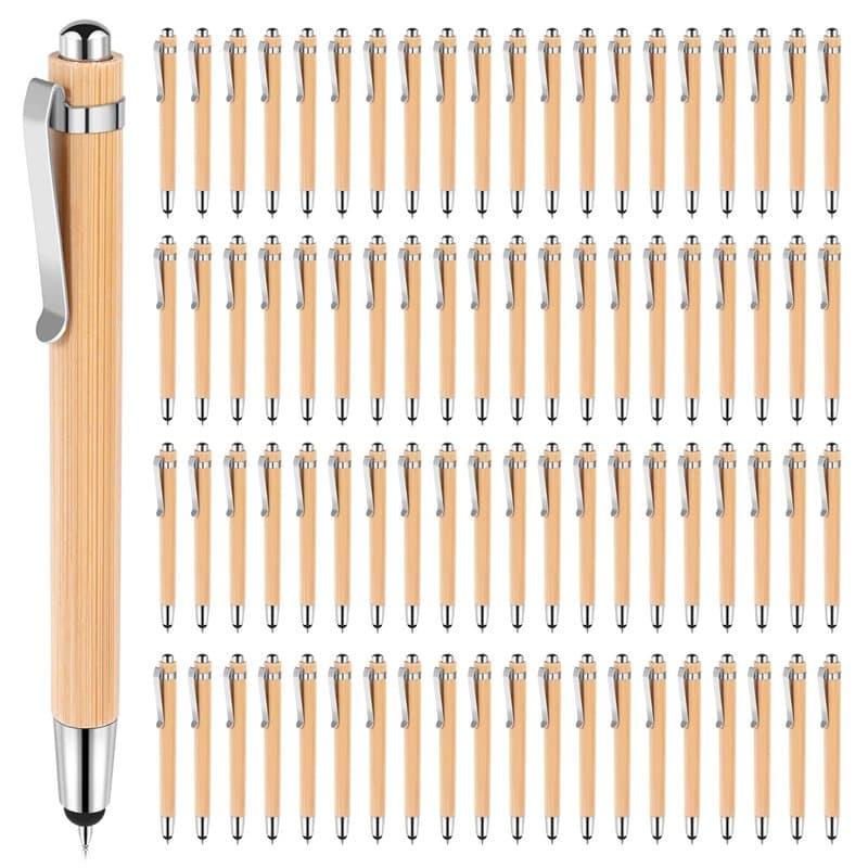 NIZEAMI Lot de 80 stylos à bille rétractables en bambou avec embouts de stylet pour écrans tactiles, stylos à bille rétractables