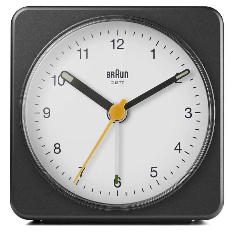Braun Classic Analogue Alarm Clock with Snooze and Light, Quiet Quartz Sweeping Movement, Crescendo Beep Alarm in Black and Whit