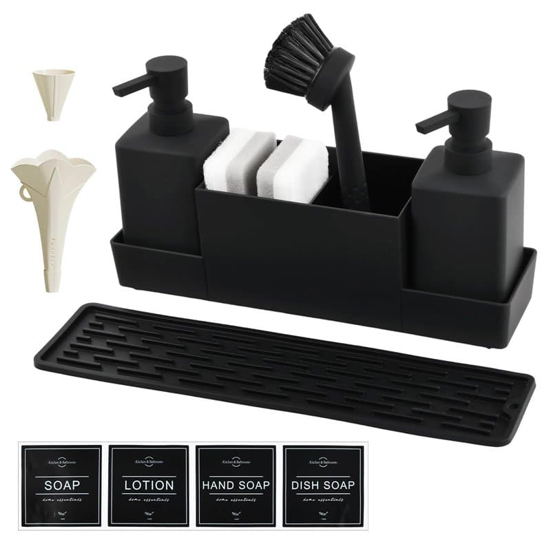Mapille Set Distributeur de Savon de Cuisine, Distributeur de Liquide Vaisselle, Organisateur Evier Cuisine, avec Éponge, Brosse