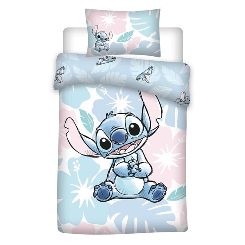 aymax Parure de Lit bébé Stitch Flowers 1 Personne, Housse de Couette 100x140 cm + Taie d'oreiller 40x60 cm, 100% Coton