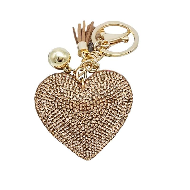 Porte-clés romantique en forme de cœur avec strass et franges (Kaki)
