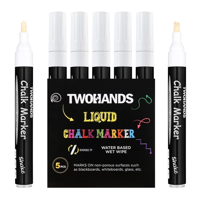 TWOHANDS Stylo Craie Pour Tableau Noir, Marqueurs à Craie liquide Effaçable Blancs (Lot de 5), Pointe Réversible, Feutre Craie p