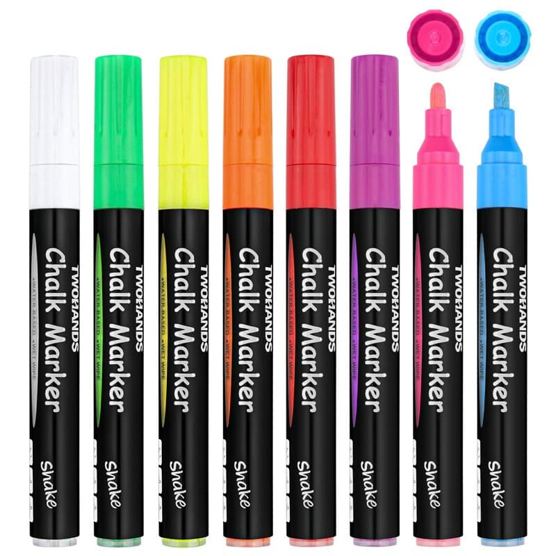 TWOHANDS Stylo Craie Pour Tableau Noir, Marqueurs à Craie liquide Couleurs Vives (Lot de 8), Pointe Réversible, Feutre Craie Eff