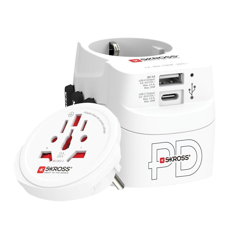 SKROSS - Pro Light USB AC30PD - World - Adaptateur de Voyage Universel 3 pôles pour Le Monde avec Chargeur USB