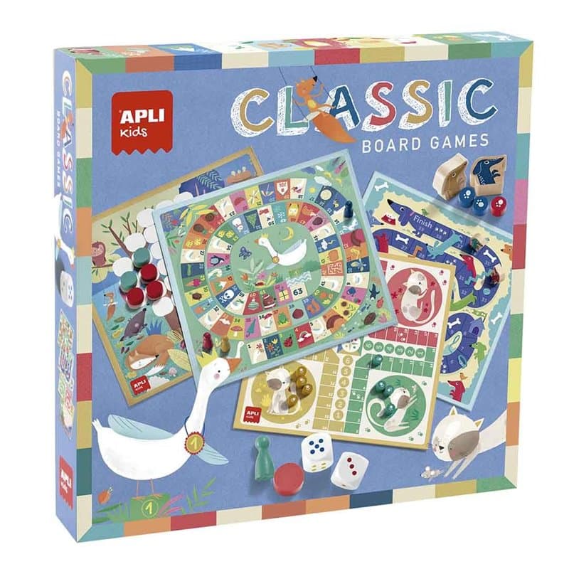 APLI Kids 19147 - Jeux de société 4 en 1 : un ensemble de 4 jeux de société classiques illustrés : le jeu de l'oie, les petits c
