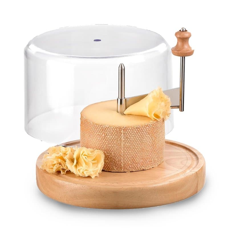 Iris Barcelona Coupe-fromage horizontal avec planche en bois ronde et couvercle transparent, axe central rotatif avec lame pour