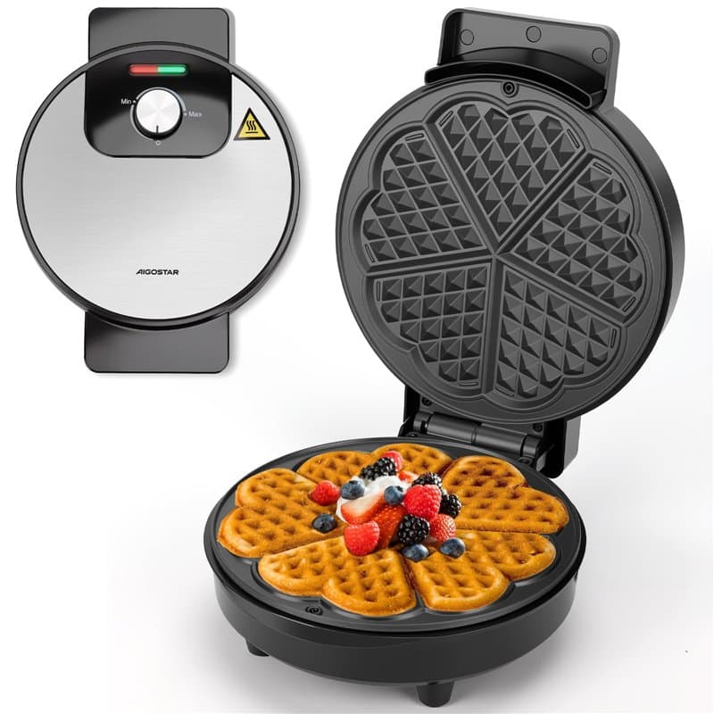 Aigostar Gaufrier pour 5 Gaufres en Forme de Cœur, 1000W, Plaques Antiadhésives de 19 cm, Température Réglable, Indicateur LED,