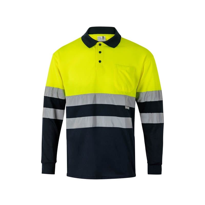 Bilan 175 Polo haute visibilité à manches longues, Bleu Marine et Jaune Fluo, XXL