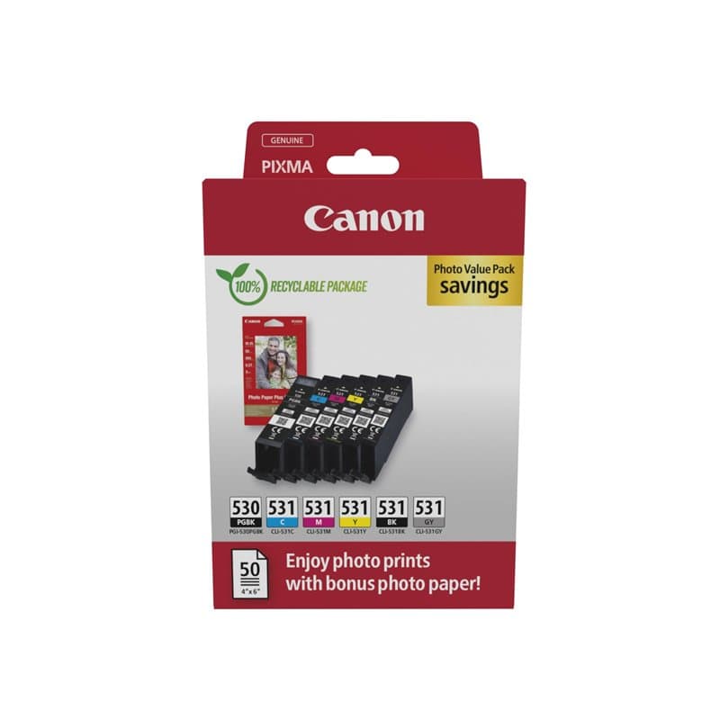 Canon PGI-530 / CLI-531 Genuine Ink Cartridges, Pack of 6 (2 x Black, Cyan, Magenta, Yellow, Grey), Includes 50 Sheets of 4x6 Ph