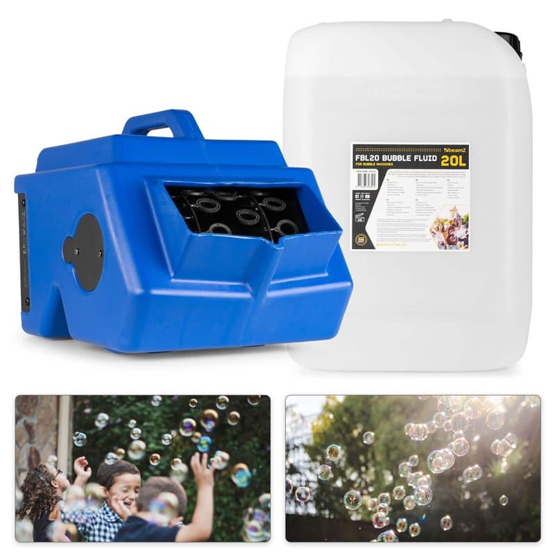 BeamZ B1500 Pack Machine à Bulles avec 20L de Liquide, Double Roue, Réservoir 2L, Télécommande Incluse, Idéal pour Fêtes, Mariag