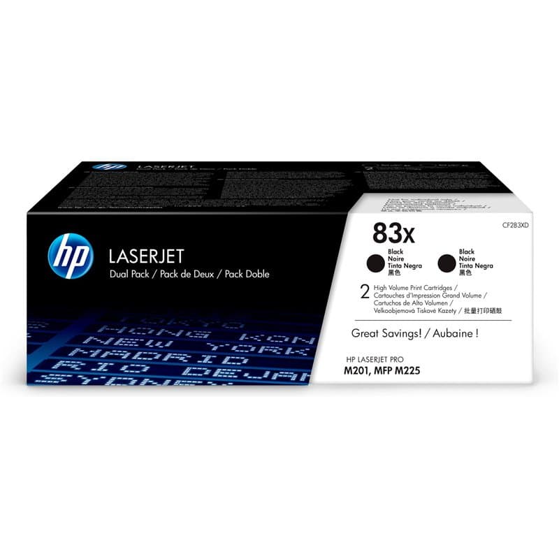 HP 83X CF283XD pack de 2, haut rendement, toners Authentiques, imprimantes HP LaserJet Pro M125/M201/M225, Noir
