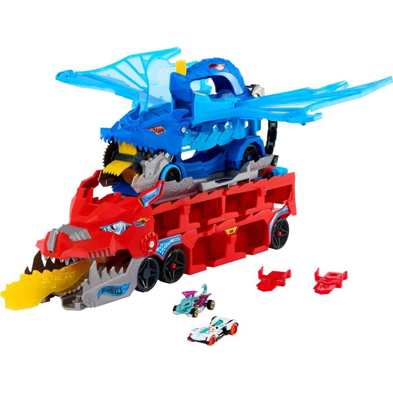 Hot Wheels Transporteur 2 en 1 Dragons City avec 2 transporteurs Dragons et 2 Voitures Miniatures, Un Grand Dragon et Un Dragon