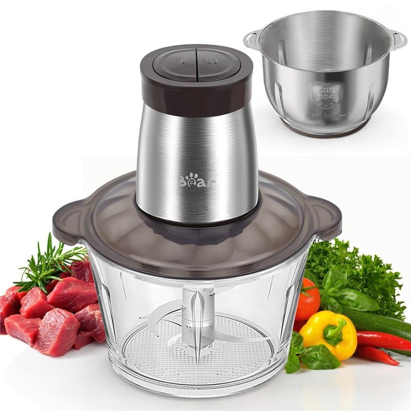 Bear 2L+1.8L Hachoir Électrique En Acier Inox, 600w 2 Vitesses, 4 Lames En Acier Inoxydable, Coupe Julienne Dans Un Récipient En