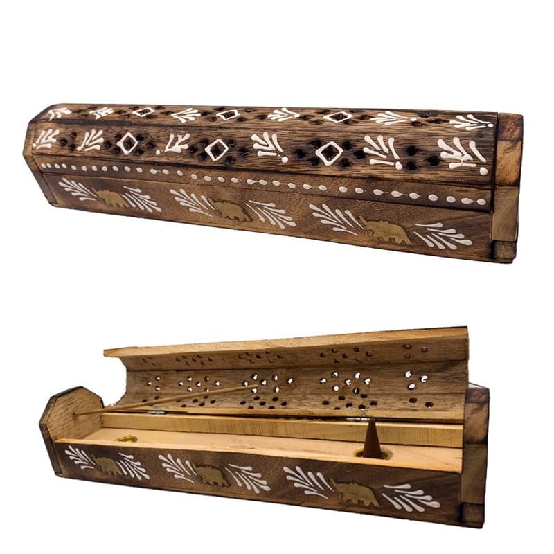 Brûleur encens (incensaire) Boîte en Bois décorée à la Main en Inde - Design Exclusif de Chevrons Blancs et éléphants 30,5 x 6,2