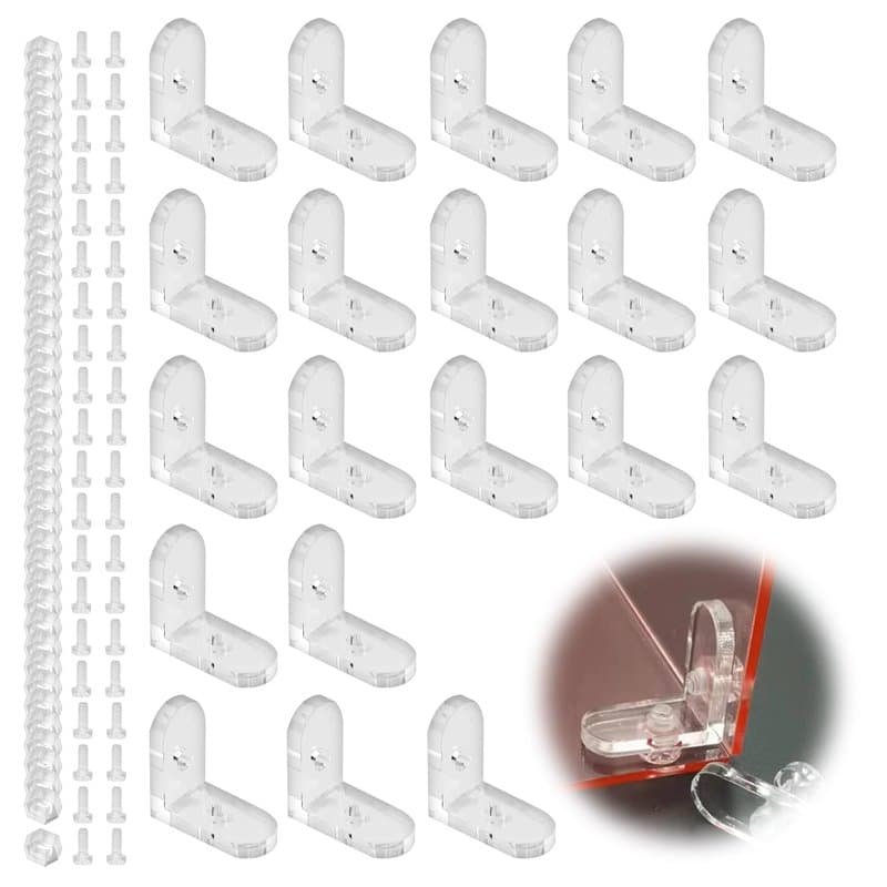 Lot de 20 L-équerre de Fixation, 90 Degrés, Support d'angle, pour Meubles et Boîtes en Bois, Angle Droit, Acrylique, Transparent