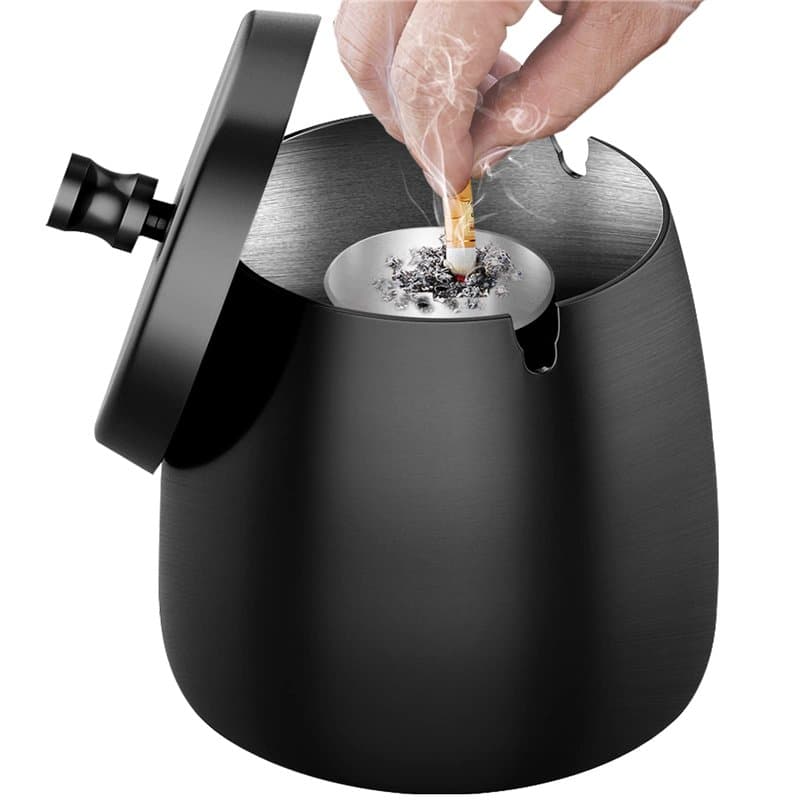 Cendrier Extérieur (10 * 9 * 10cm) - Coupe-Vent Cendrier avec Couvercle, Inoxydable Cendrier Anti Odeur, Grande Cendrier Portabl
