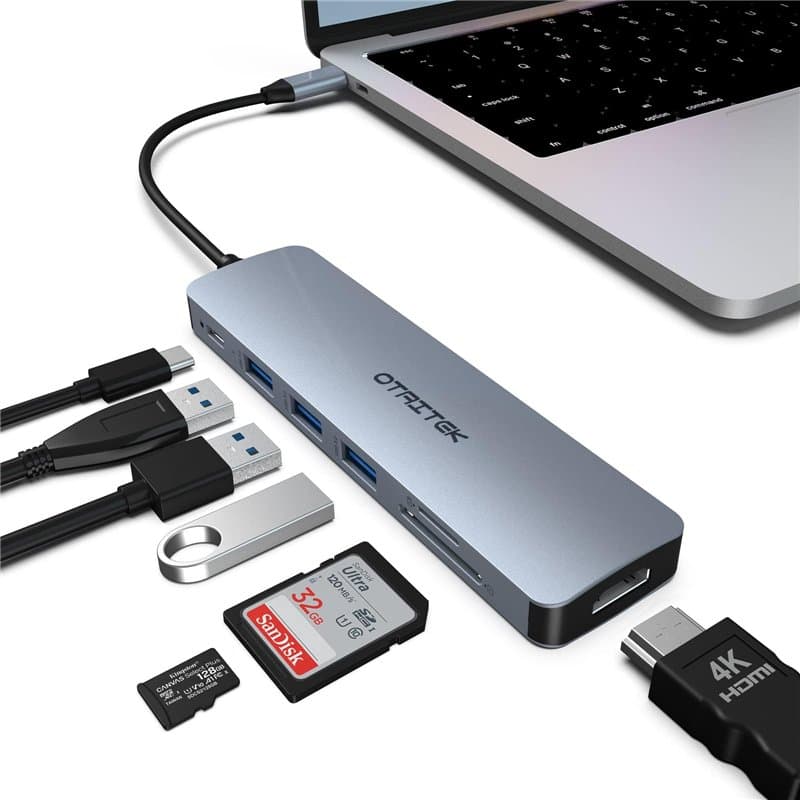 OTAITEK Hub USB C, Adaptateur 7 en 1 Type-C avec HDMI 4K, 3 USB 3.0, Lecteur de Carte SD/TF, Adaptateur USB-C PD 100 W pour MacB