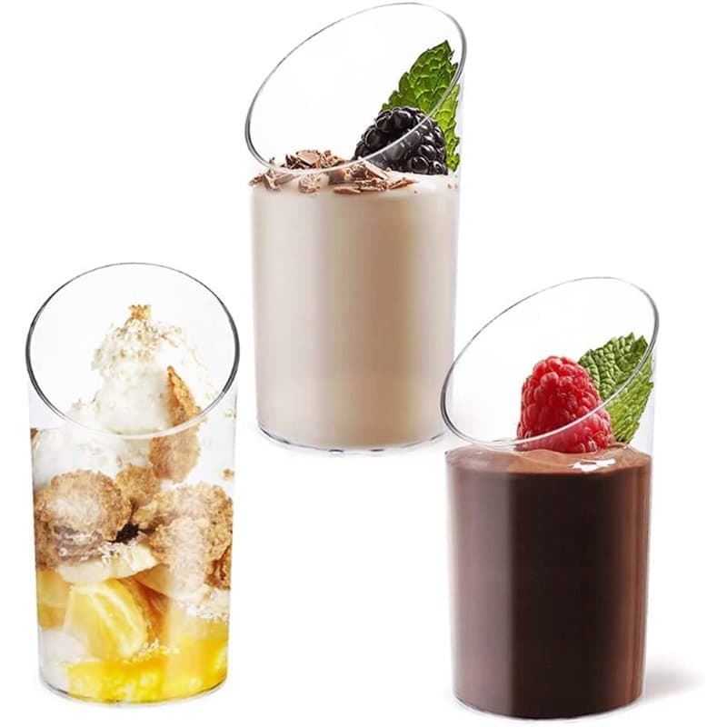 KAHEIGN 100 Pièces Mini Verrines à Dessert Coudées, 75ml Gobelets à Dessert Ronds En Plastique Coupe Apéritif Parfait Clair Bol
