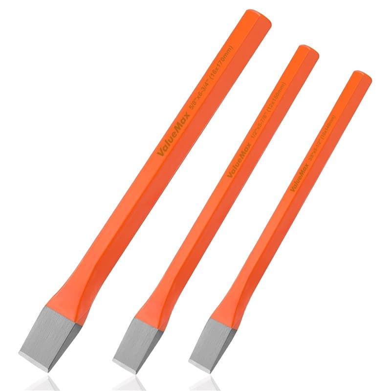 ValueMax Jeu de 3 Burins Ciseaux à Froid pour Maçonnerie et Béton - Burins Plats en Acier Chrome Vanadium 16 x 170, 12 x 150, 10
