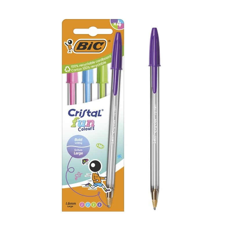 BIC Cristal Fun Colours Stylos-bille Pointe Large (1,6 mm) avec encres fantaisie - Couleurs assorties, pack de 4