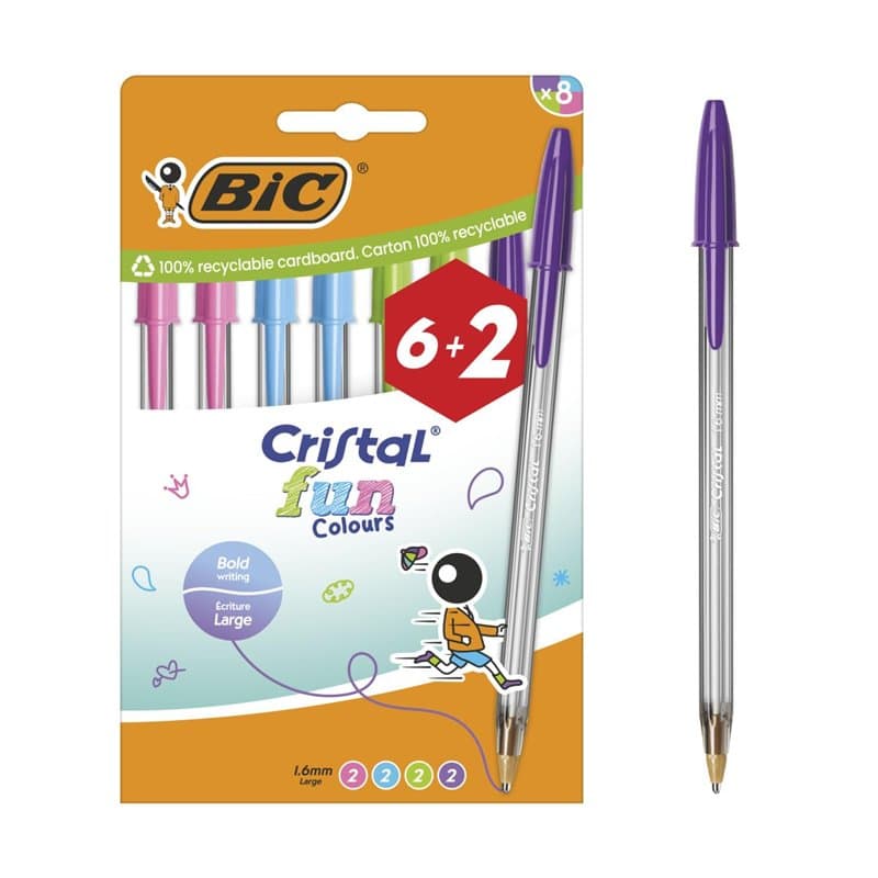 BIC Cristal Fun Colours Stylos-bille Pointe Large (1,6 mm) avec encres fantaisie - Couleurs assorties, pack de 8 (6+2 offerts)