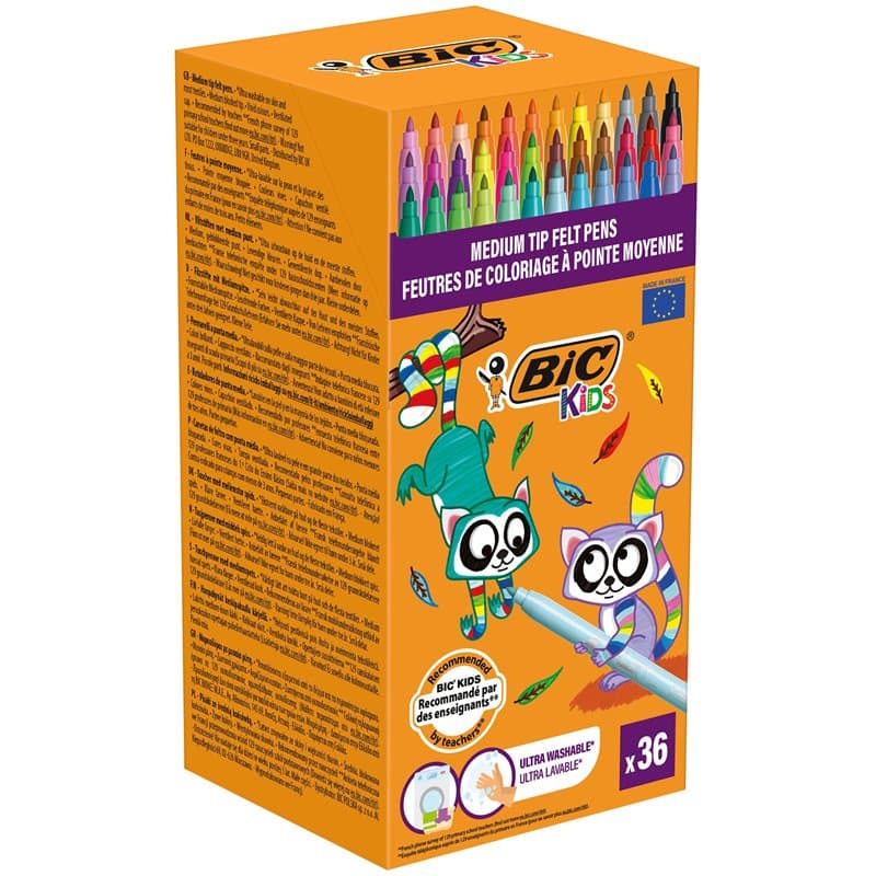 BIC Kids Kid Couleur Feutres de Coloriage à Pointe Moyenne - Couleurs Assorties, Etui Carton de 36