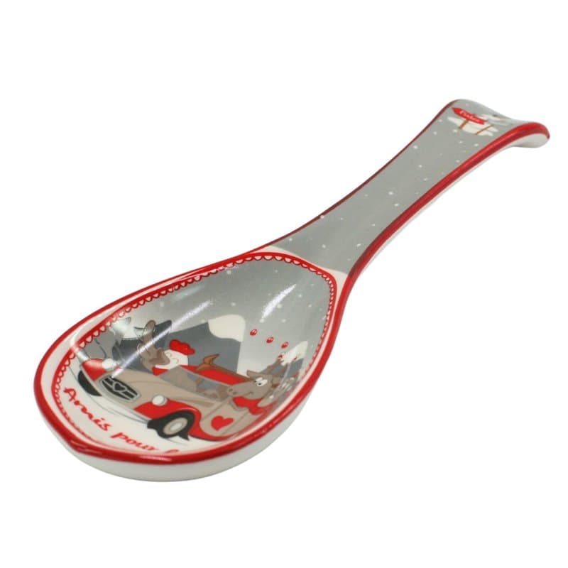 Repose-Cuillère Décoratif de Noël "Amis pour la Vie", 23,5 cm, Motif Voiture et Montagne, Rouge et Gris