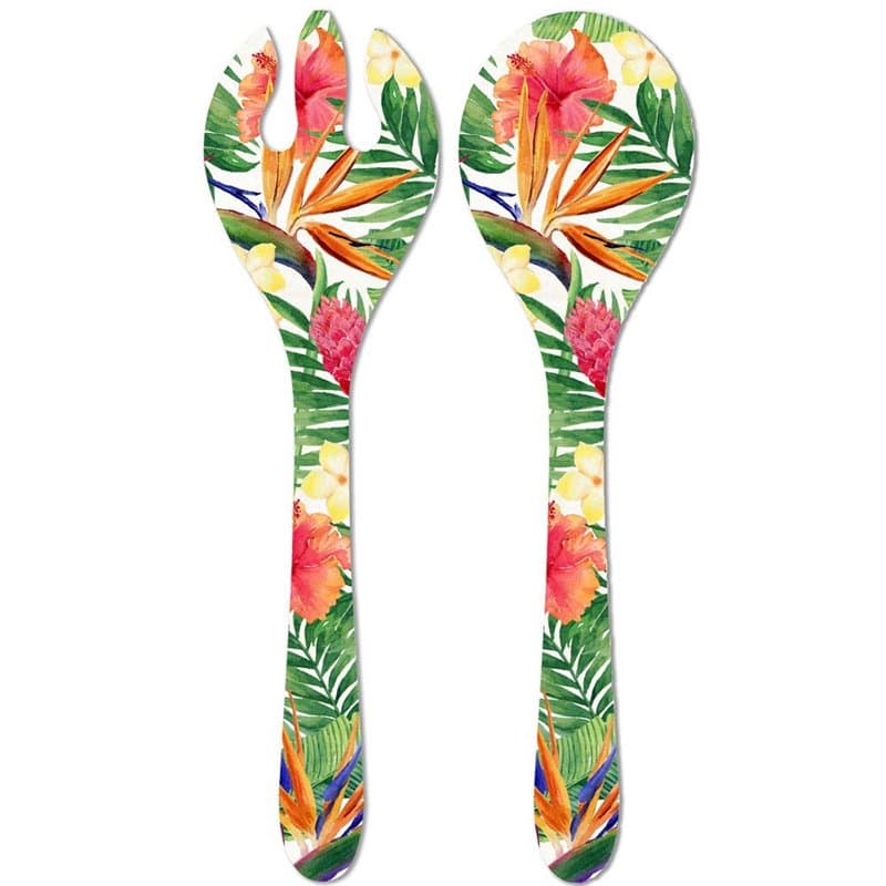 Les Jardins de la Comtesse - Couverts à Salade de Service en Mélamine Pure - Fleurs Exotiques - 33 cm – Rouge/Vert - Couverts de