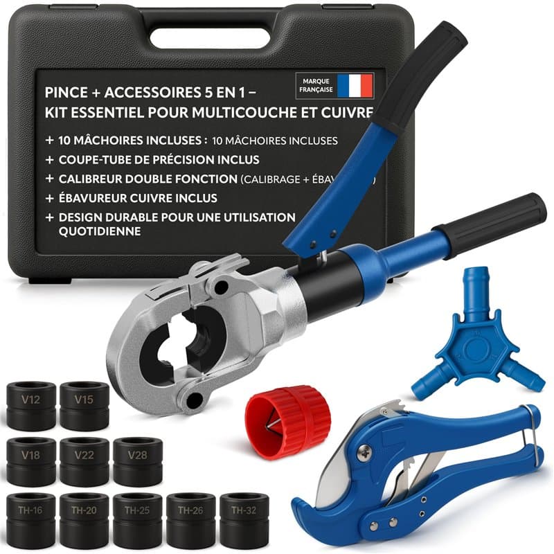 Pince à sertir multicouche & cuivre 10 mâchoires TH+V – Kit complet avec coupe-tube multicouche, calibreur, ébavureur cuivre – C