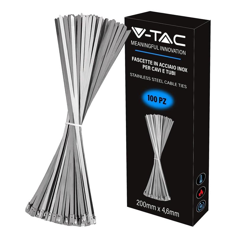 V-TAC Colliers de serrage en acier inoxydable pour câbles mesure 4,6 mm x 200 mm – Lot de 100 pièces – Colliers de câblage multi